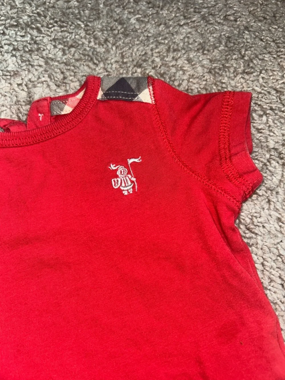 Burberry Red Short Sleeve Tee with Classic Plaid Shoulder Accents Size 3 Months